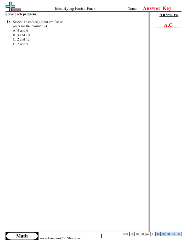  - Identifying Factor Pairs worksheet